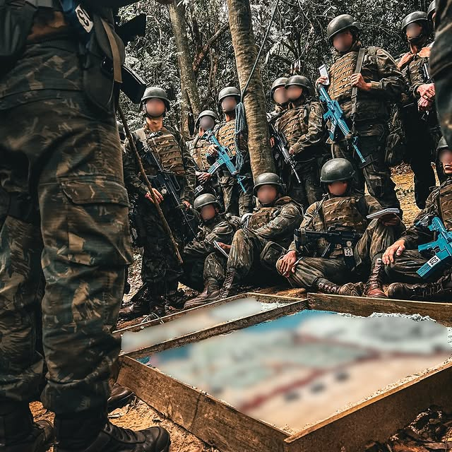 Soldados armados reunidos em treinamento na floresta