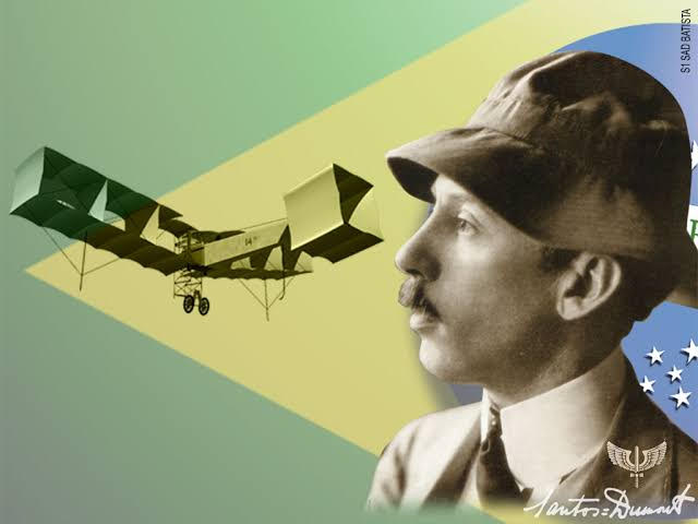 Inventor brasileiro com avião e bandeira ao fundo.